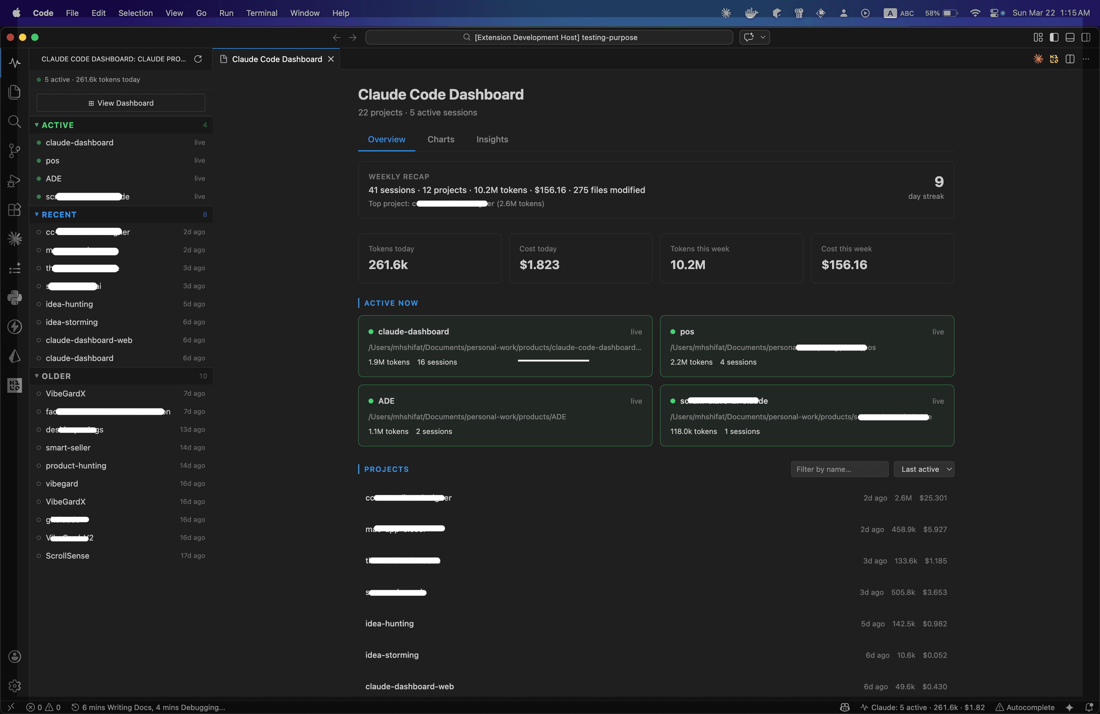Claude Code Dashboard — overview of token usage, estimated costs, and session analytics